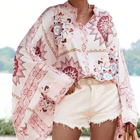 MODA ME COUTURE Tops - Pink Floral Batwing Sleeve Flowy Style Button Up Shirt
